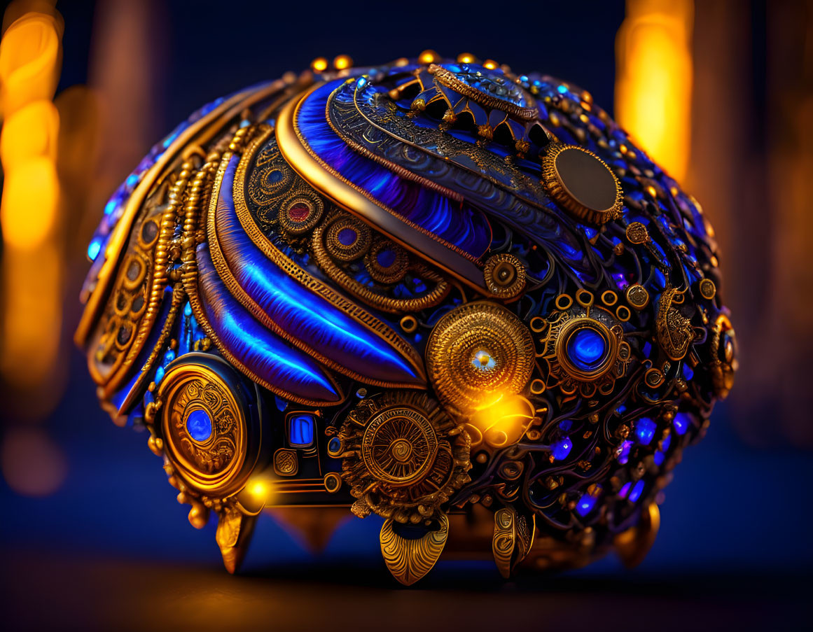 Metallic object with gears and patterns, glowing in orange and blue lights on dark background