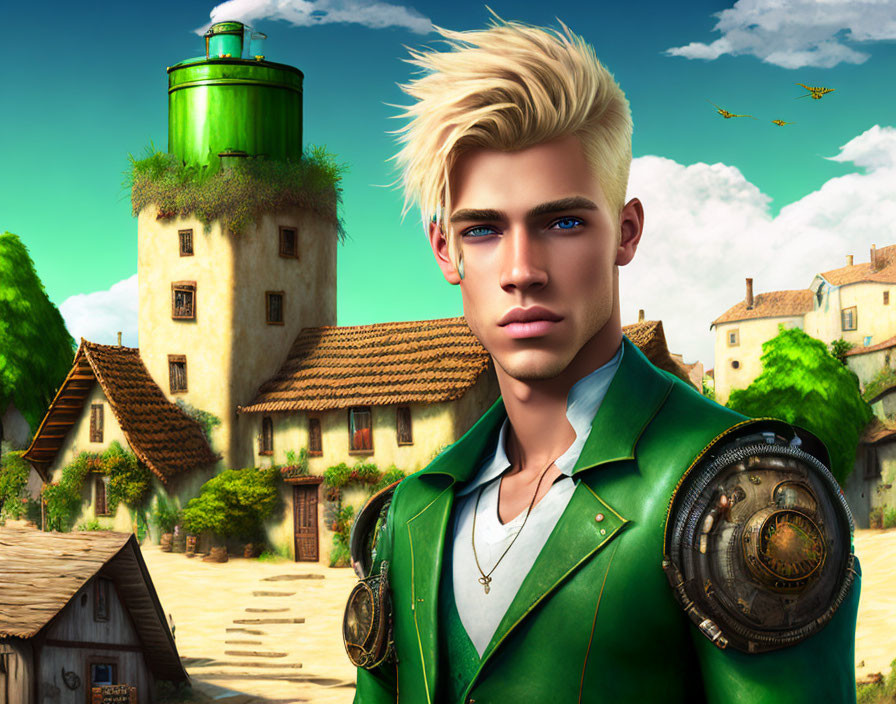 Young man with blond hair and blue eyes in green jacket with steampunk arm device in European village