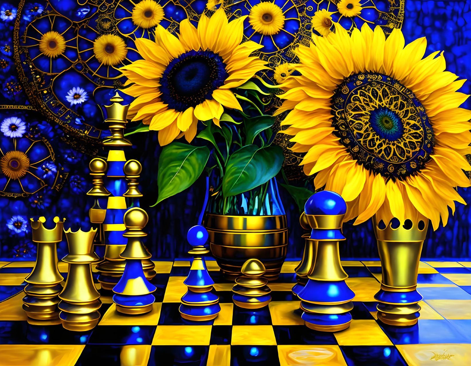 Artwork of Sunflowers, Chess Pieces, and Gears on Blue Background