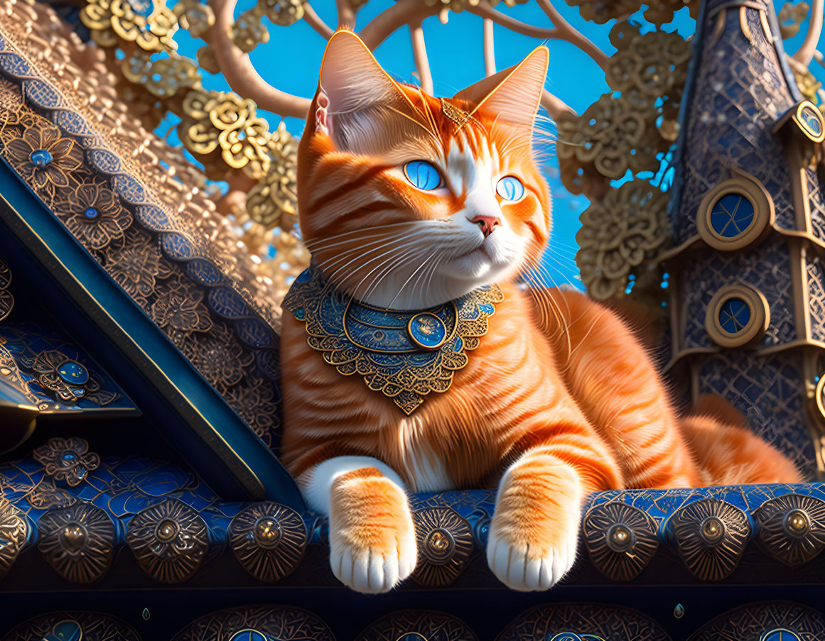 Orange Tabby Cat with Blue Eyes and Ornate Collar Resting Against Blue and Gold Patterns