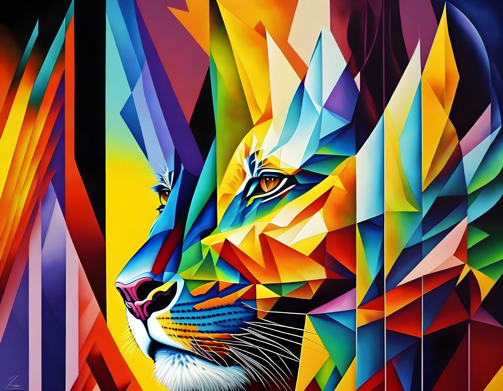 Vibrant geometric abstract lion face painting with angular shapes.