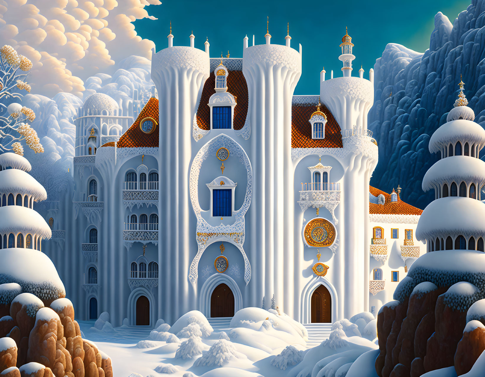 Ornate white and gold castle against snowy landscape