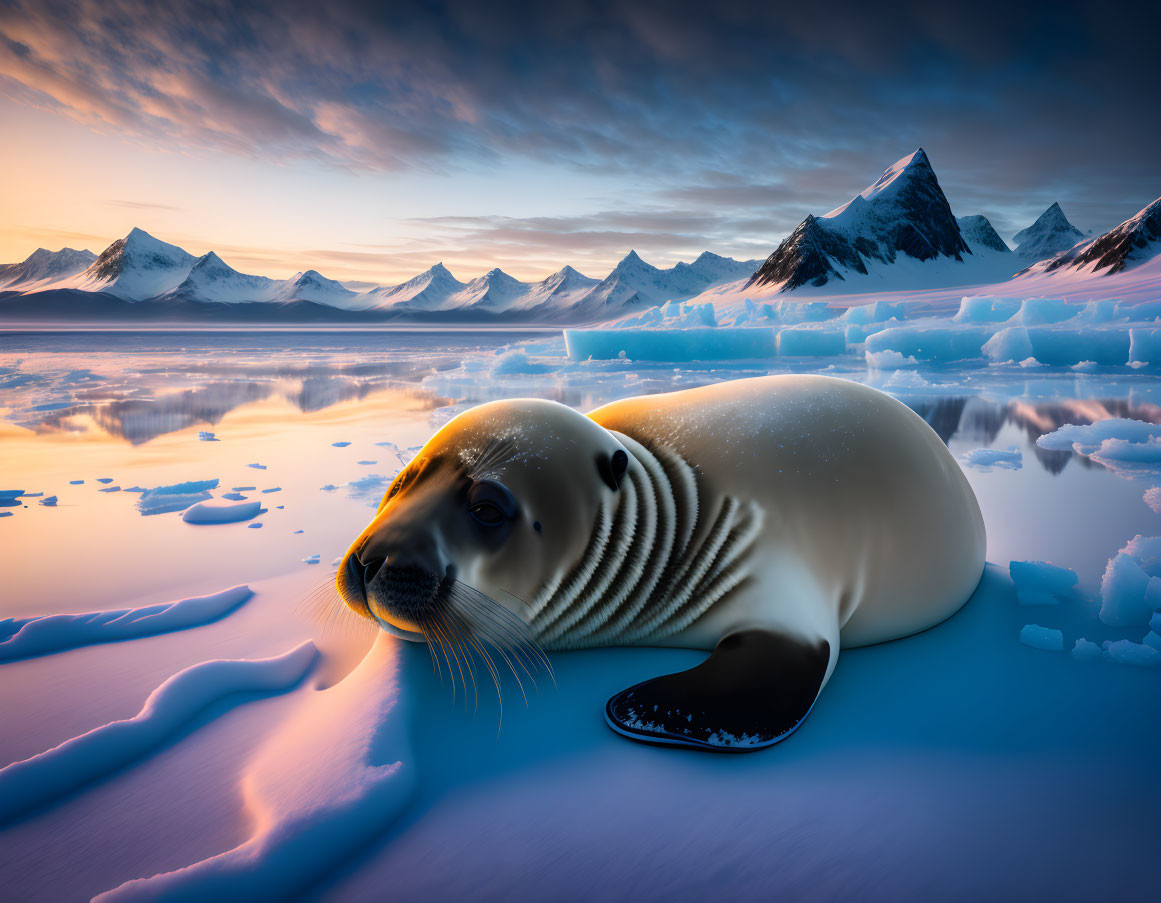 Seal resting on icy terrain with snow-covered mountains and colorful twilight sky reflected on calm waters.