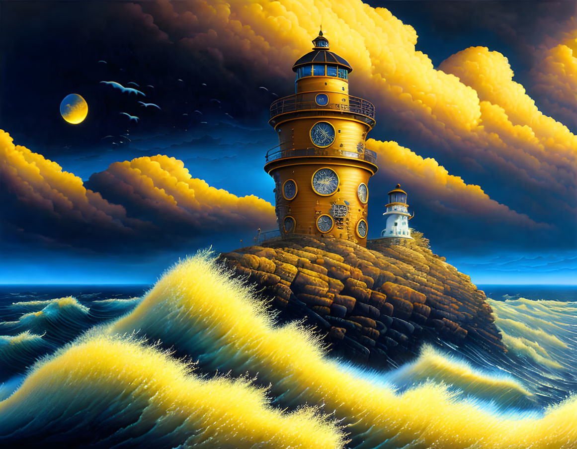 Golden lighthouse on rugged cliff with moonlit sky