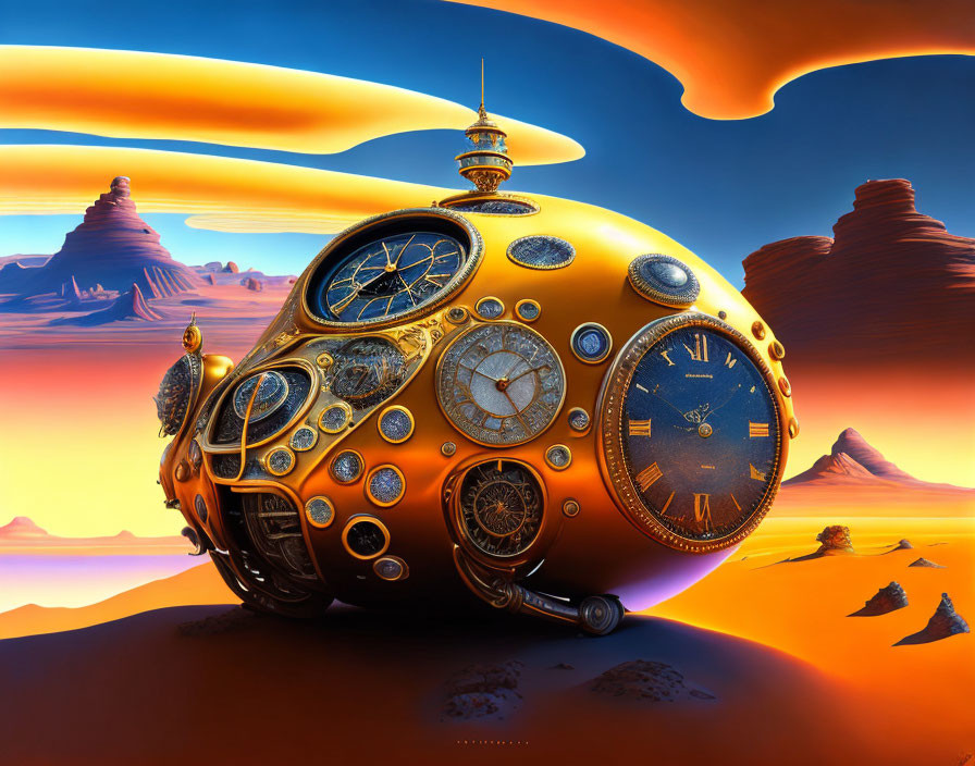 Surreal oversized pocket watch in desert landscape