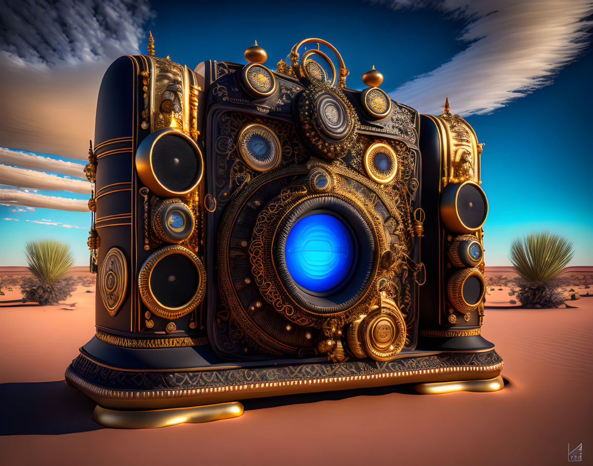 Steampunk-style Camera with Golden Details in Desert Landscape