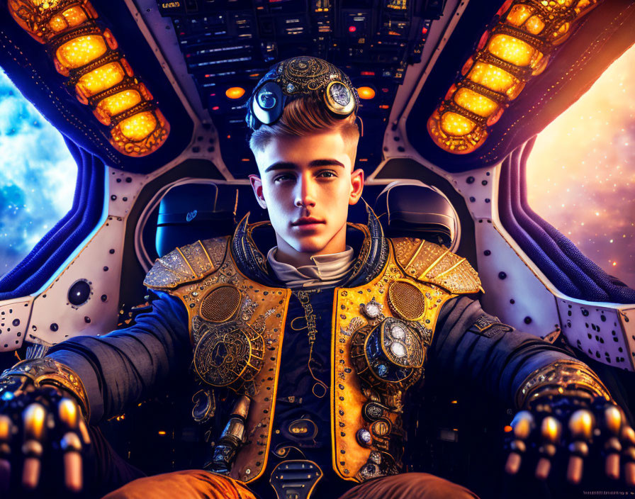 Young person in ornate sci-fi armor in spaceship cockpit with glowing controls and view of space and stars