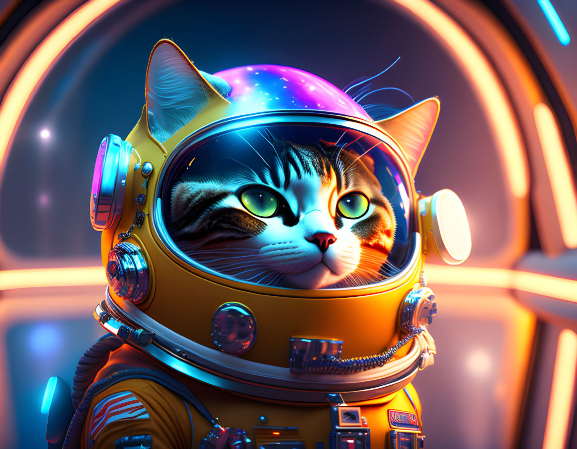 Futuristic digital artwork: Cat in space helmet against neon-lit backdrop