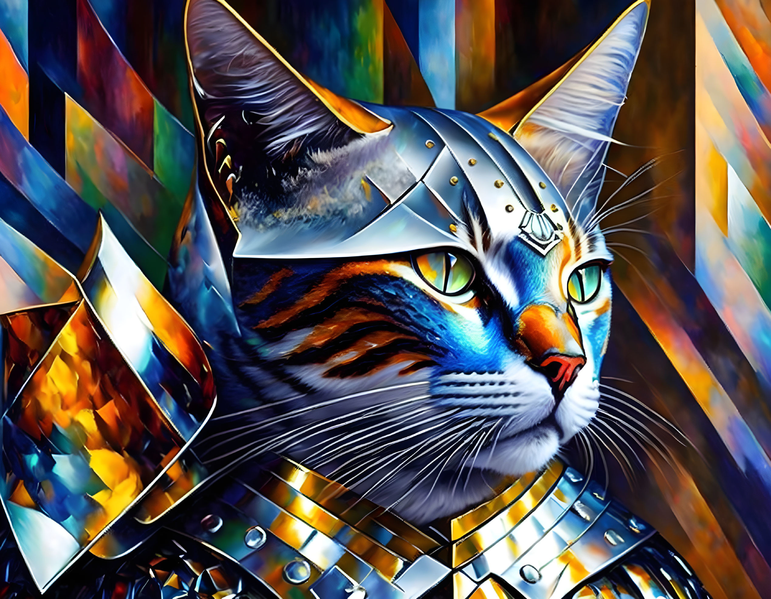 Colorful Digital Artwork: Cat in Knight's Armor with Geometric Background