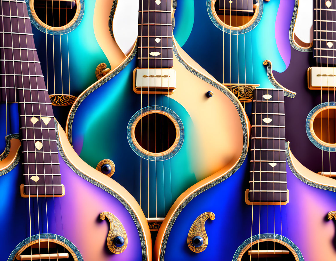 Vibrant Stringed Musical Instruments on Blue Background