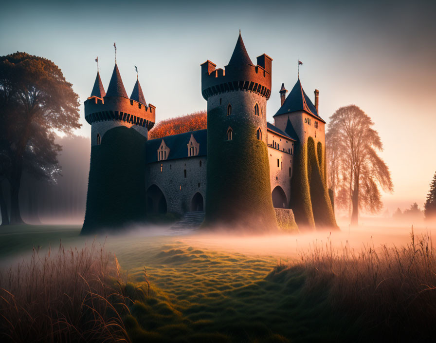 Mystical castle with turrets in morning fog and lush greenery.