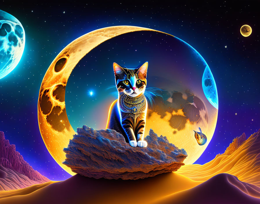 Whimsical digital art: Cat with jewelry on floating rock in cosmic scene