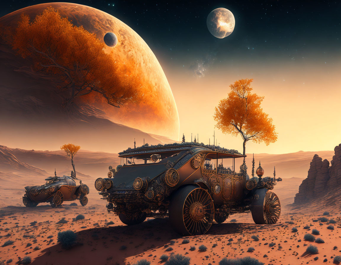 Steampunk-style vehicle on desert alien landscape with moons and rock formations.