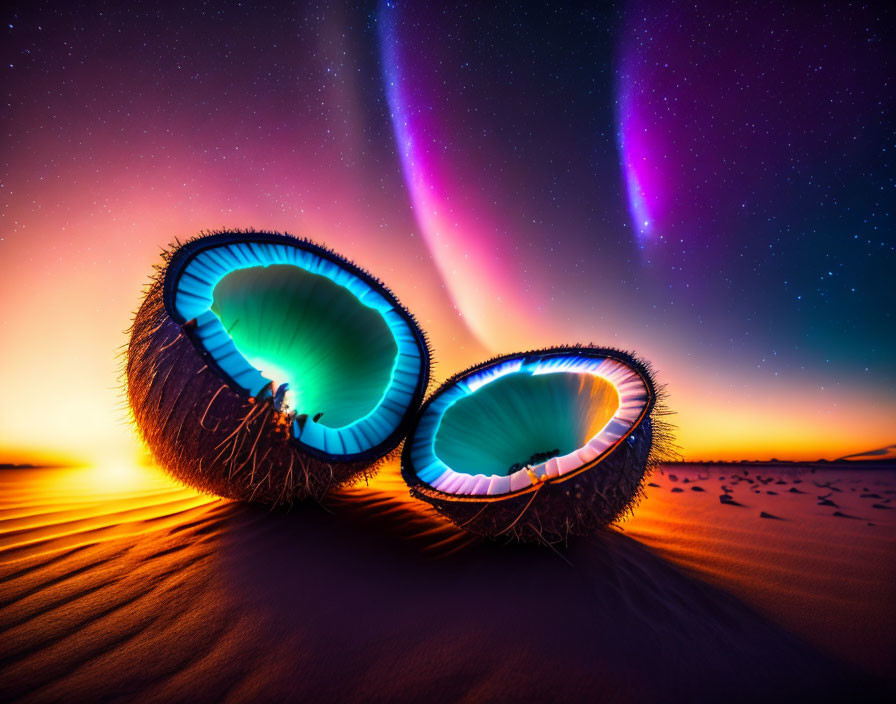 Glowing coconuts on sandy desert under starry sky