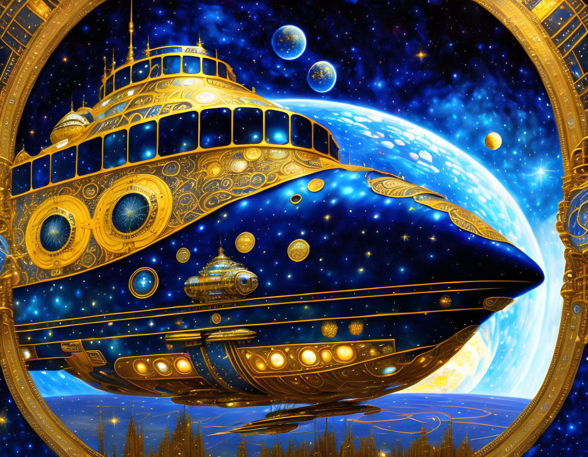 Golden spacecrafts with spherical elements in vibrant blue cosmos.
