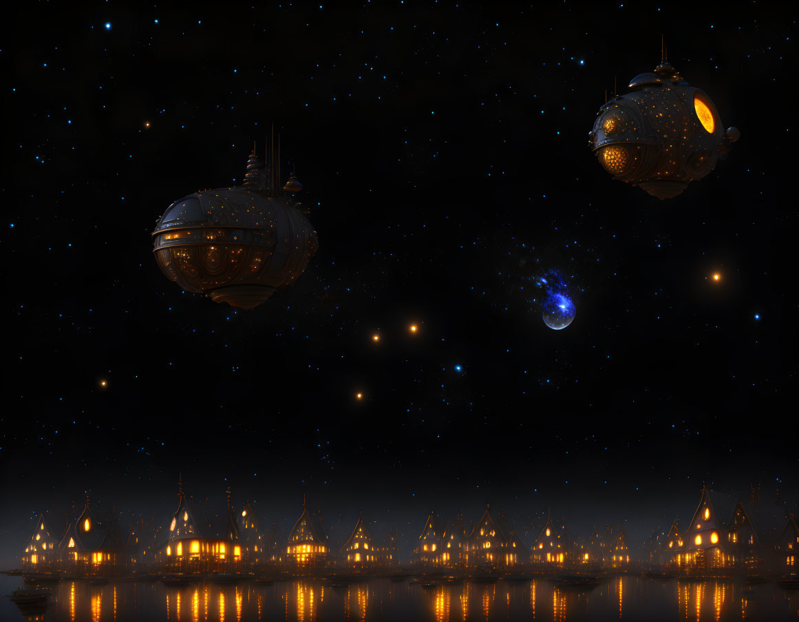 Futuristic night scene with floating cities, airships, and starry sky