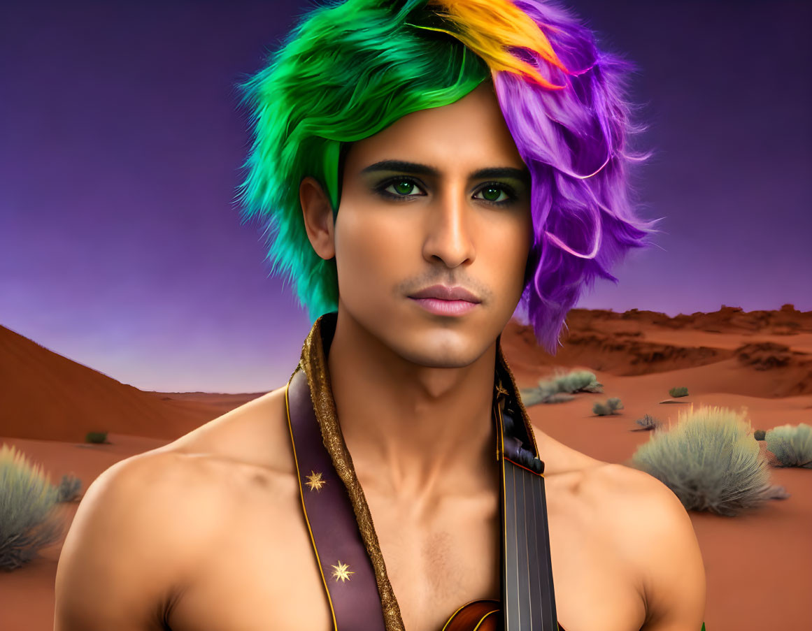Colorful Man with Rainbow Hair and Striking Makeup in Desert Setting