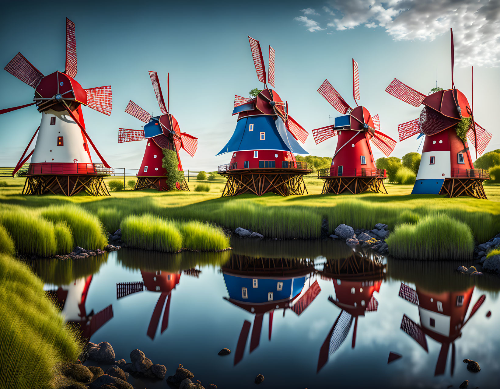 Scenic red and white windmills by a serene lake in lush green setting