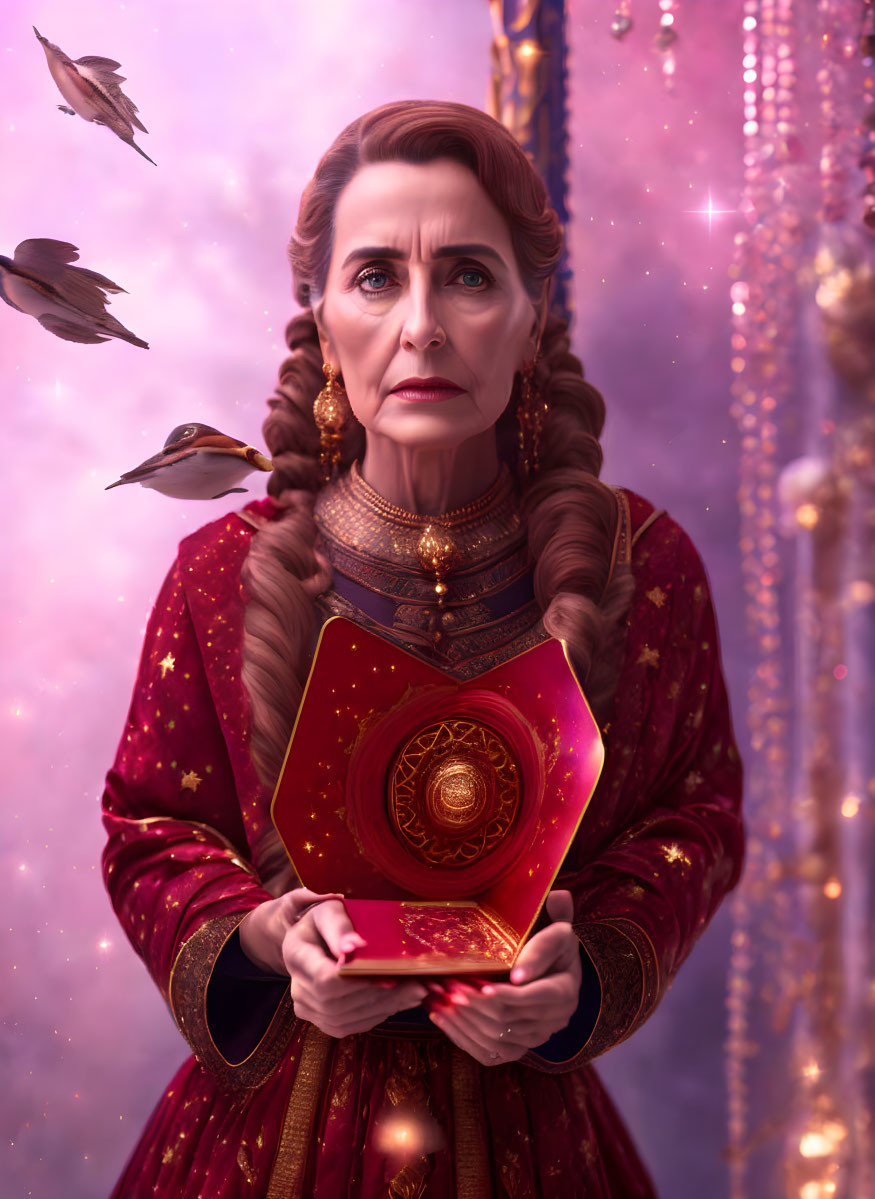 Woman with braided hair holding red glowing book in red robe with birds and pink light