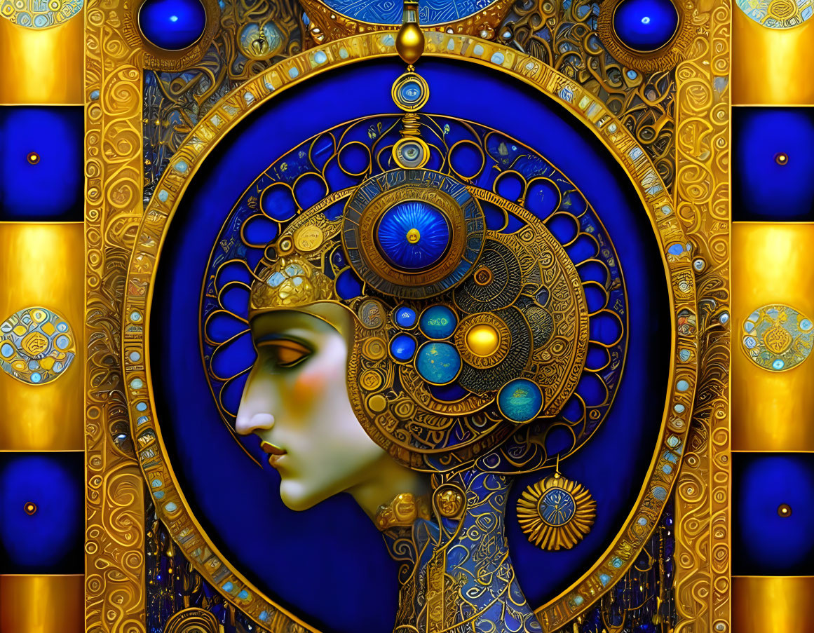 Digital artwork of stylized face with gold and blue jewelry & patterns