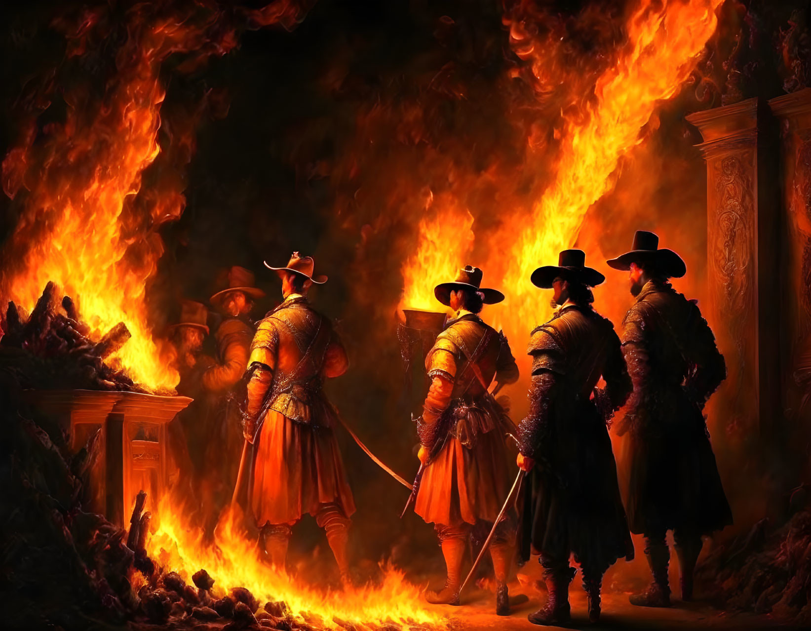 Four People in 17th-Century Attire by Raging Fire