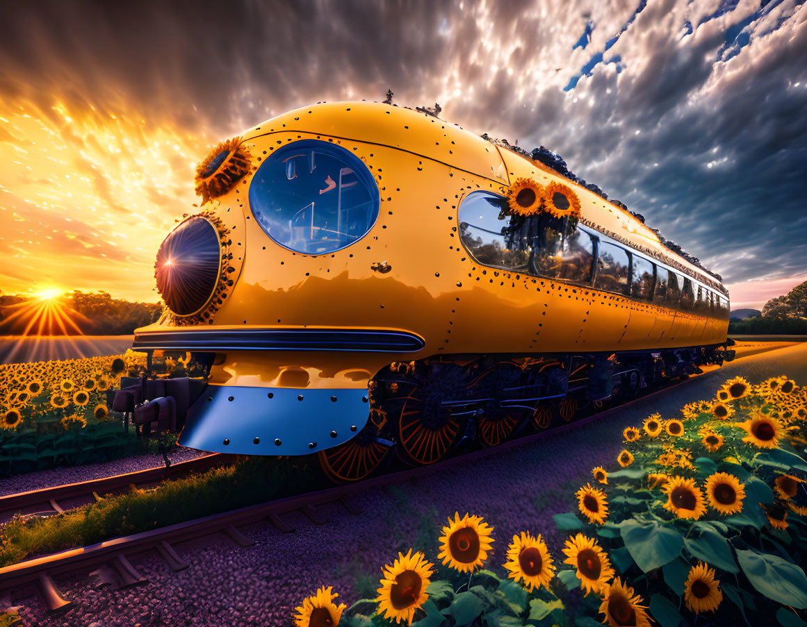 Yellow Train in Sunflower Field at Sunset