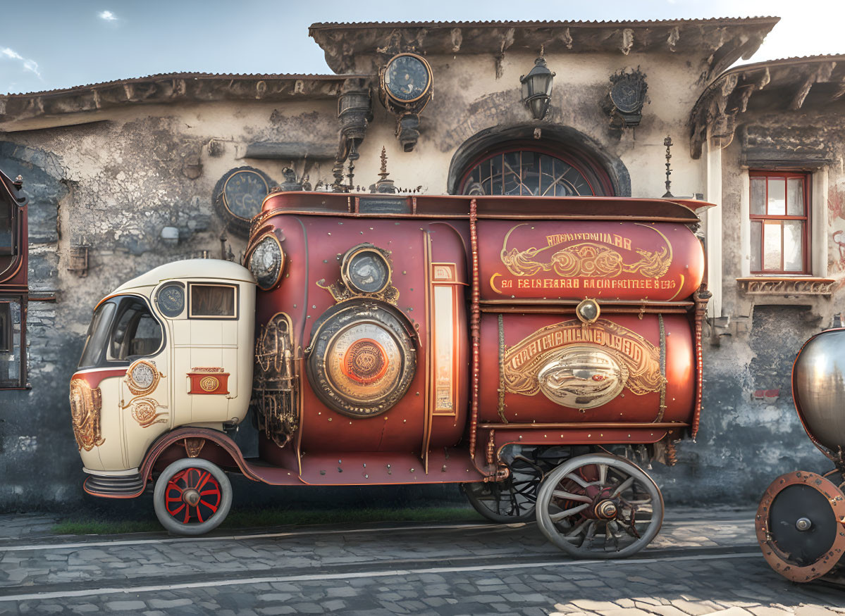 Steampunk-style vehicle with brass gears parked near old building