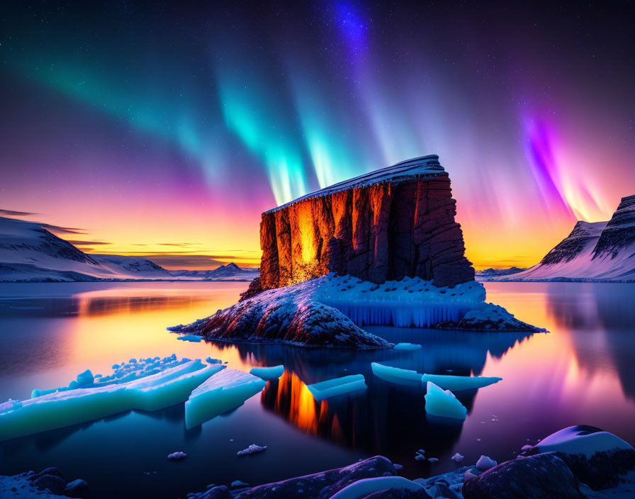 Majestic aurora borealis over snowy rock formation & tranquil water