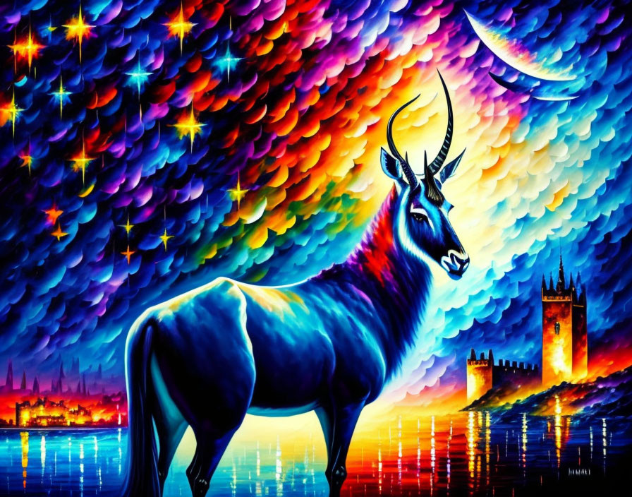 Colorful antelope under vibrant starry sky with crescent moon and castle silhouette in fantasy art painting