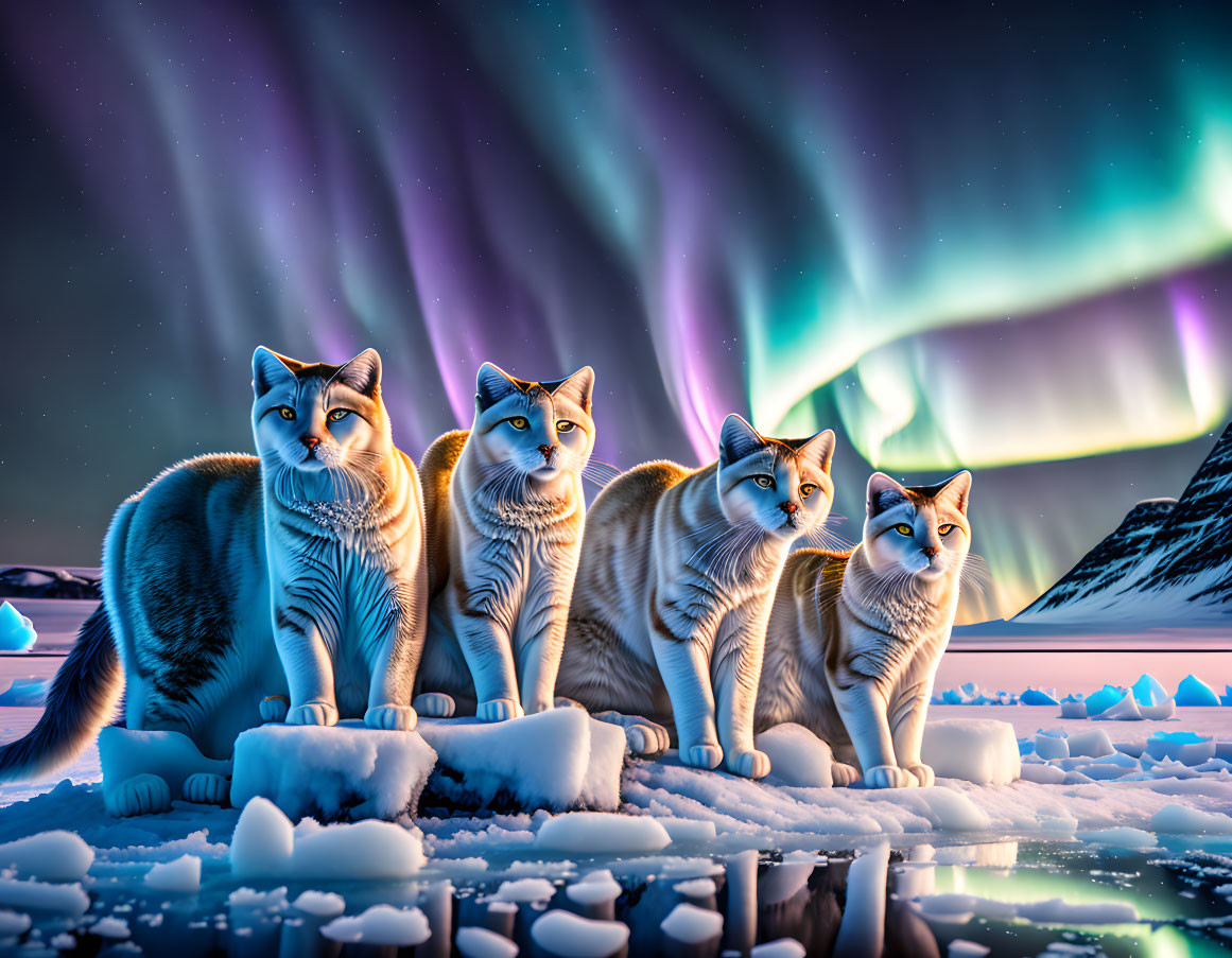 Four Cats on Icy Surface Under Aurora Borealis