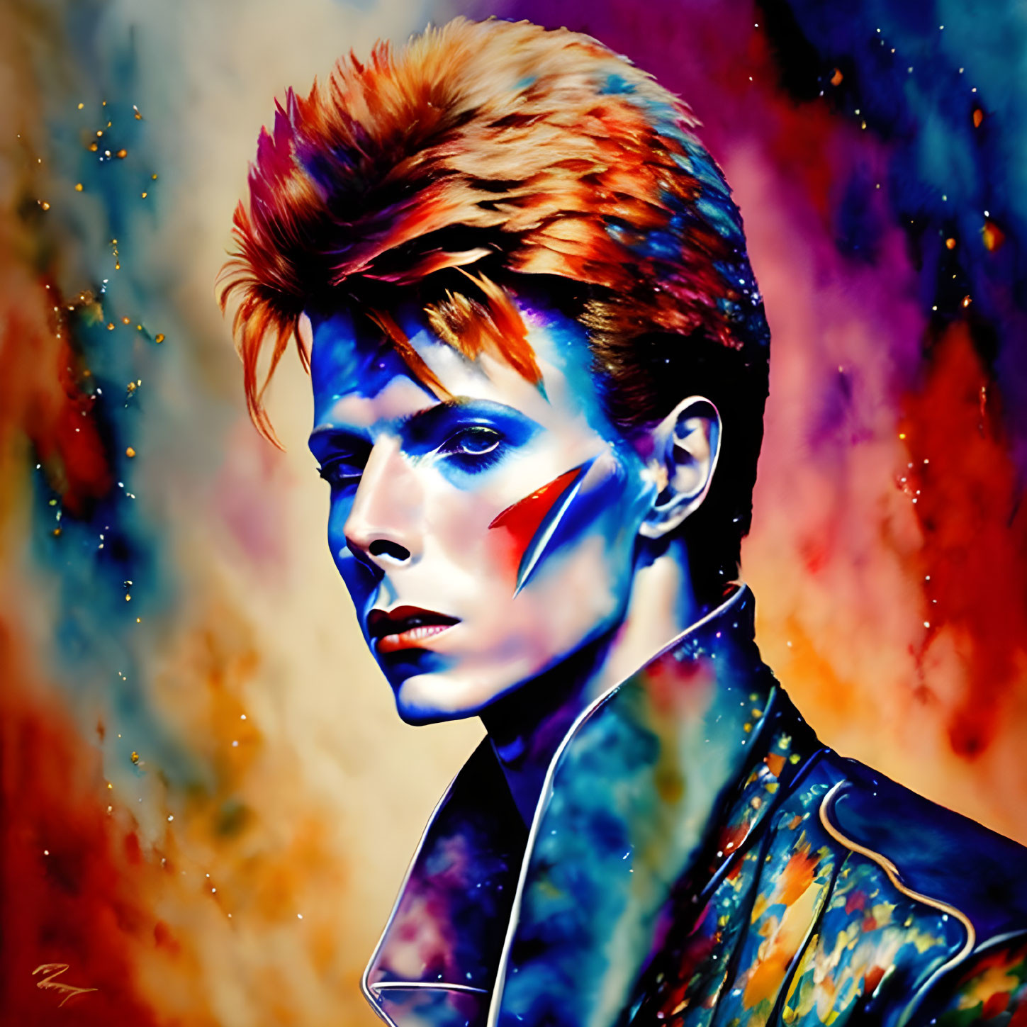 Vibrant digital artwork of stylized male figure with red and blue lightning bolt on face
