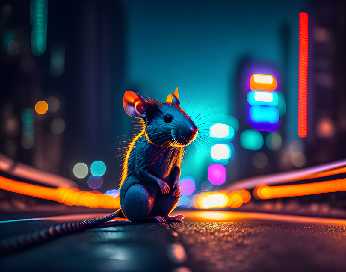 Colorful Rat Illustration with Neon Cityscape Background