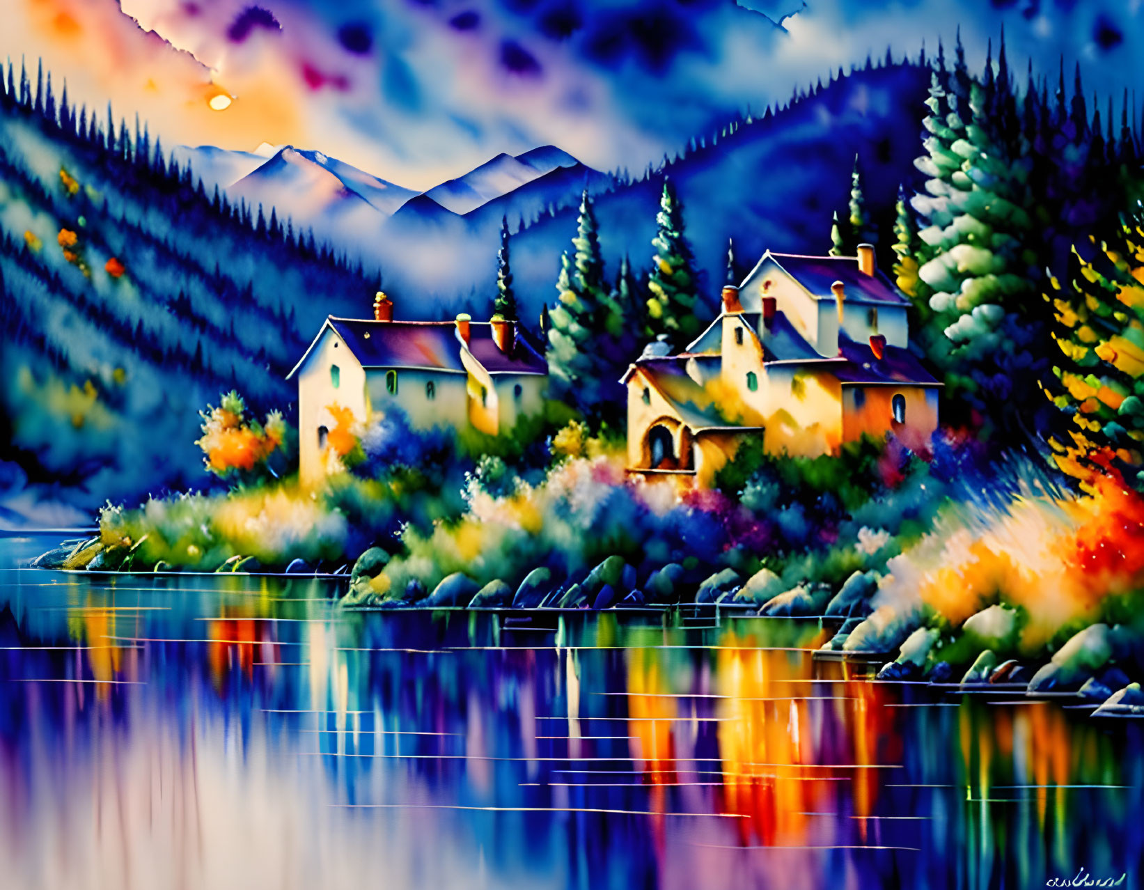Scenic painting of lakeside houses at dusk with colorful foliage and distant mountains