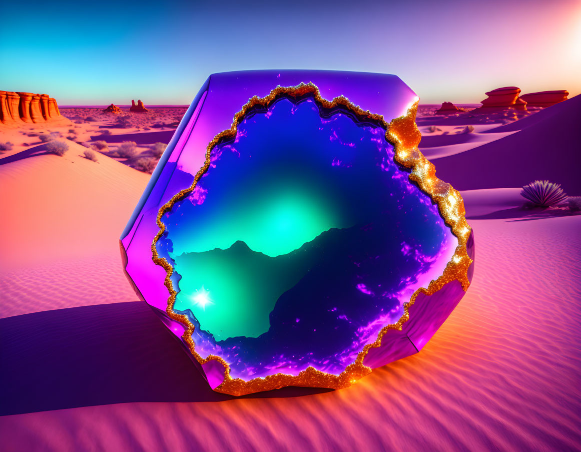 Colorful Geode Resting on Desert Sand at Sunrise or Sunset