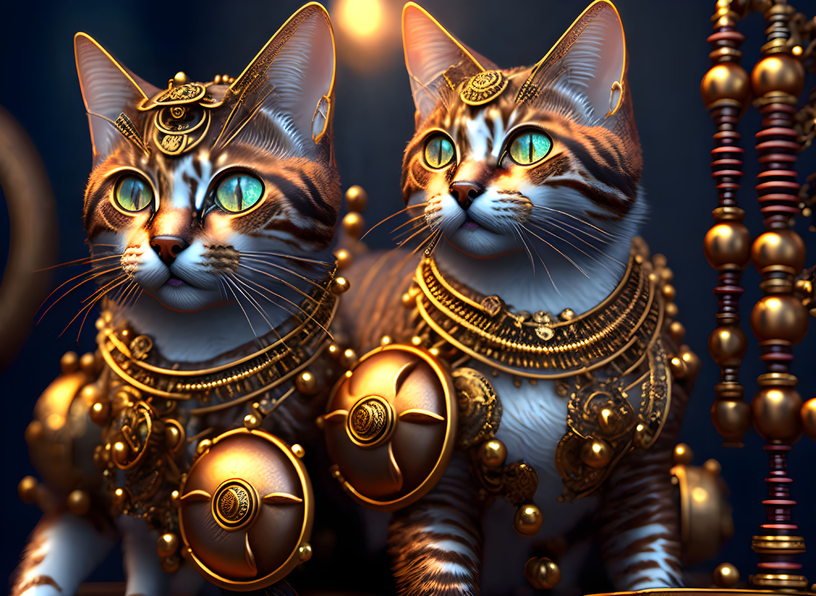 Regal cats in intricate golden jewelry and emblems