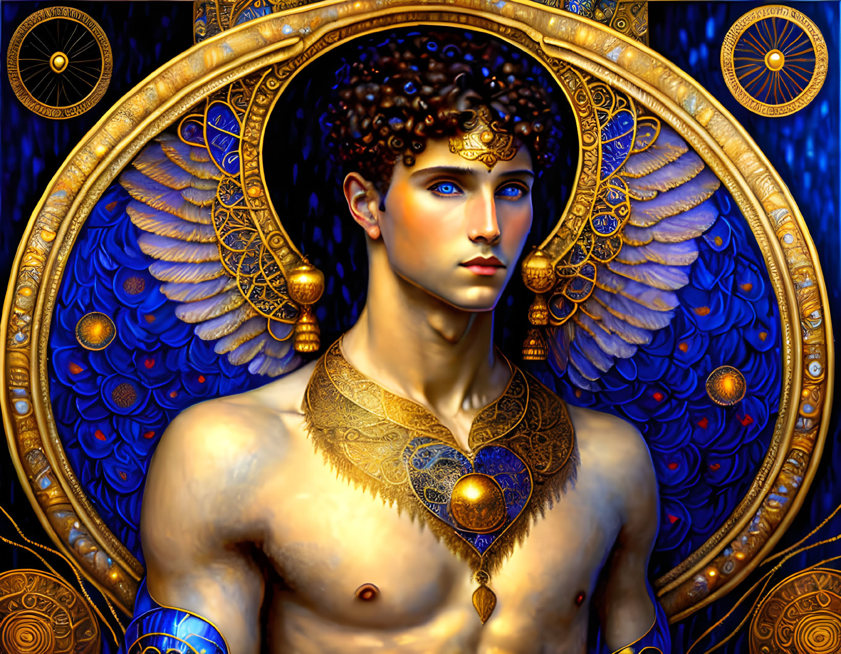 Digital artwork featuring man with angelic wings and ornate jewelry on blue and gold patterned background