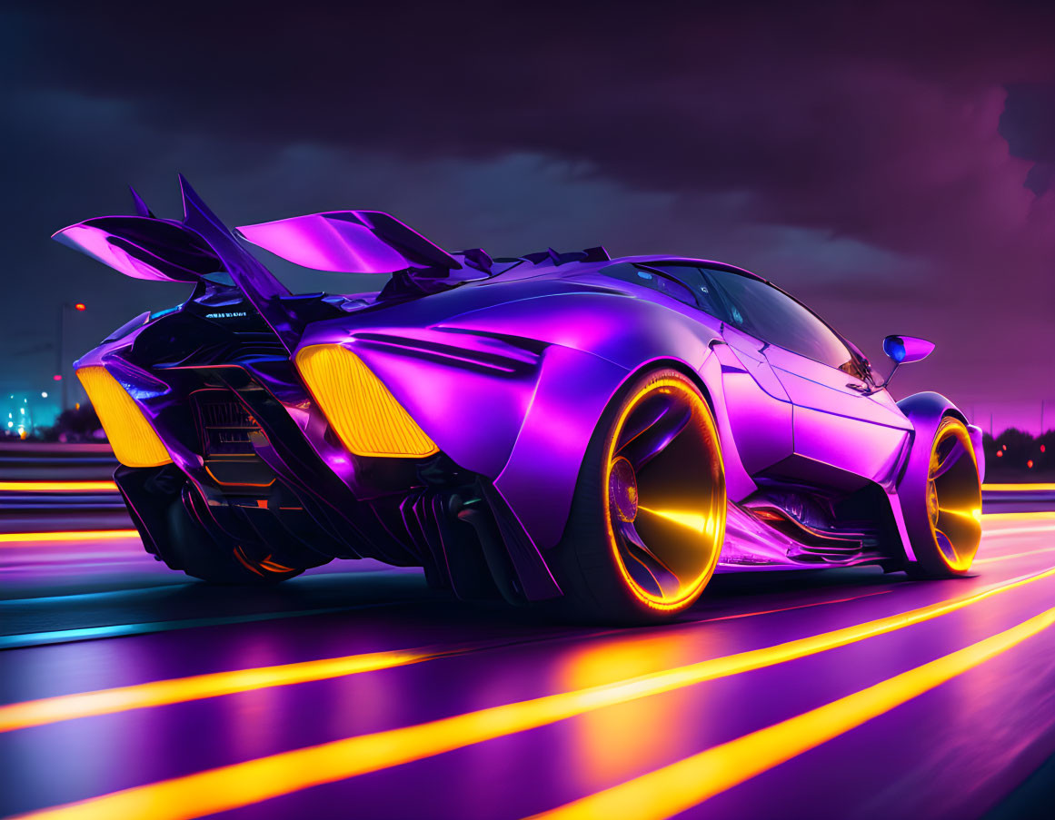 Futuristic Purple Sports Car Speeding on Neon-Lit Road