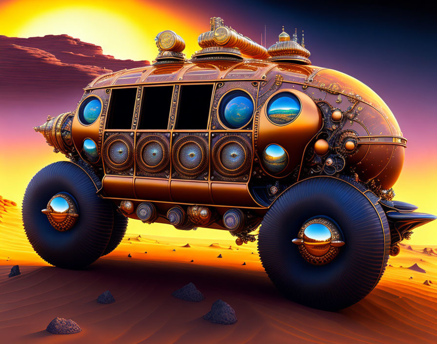 Steampunk-style vehicle with oversized wheels in desert landscape under orange sky