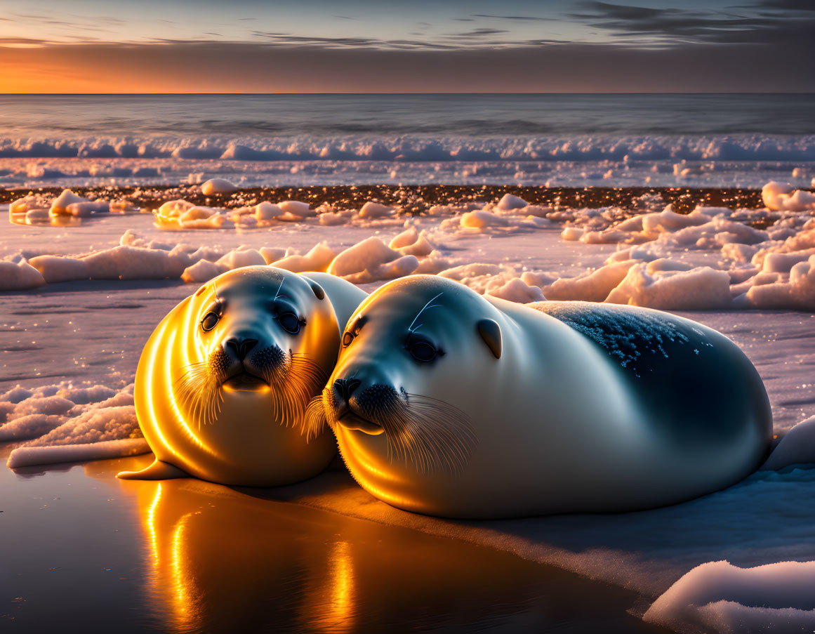 Glossy Seal Sculptures on Icy Surface at Sunset
