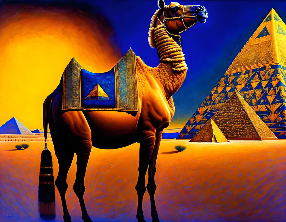 Stylized camel with decorative saddle at Great Pyramids of Giza