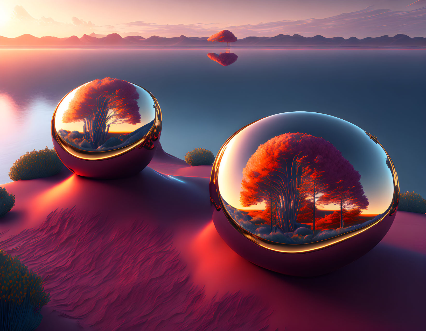 Autumn trees encapsulated in reflective spheres on vibrant red landscape