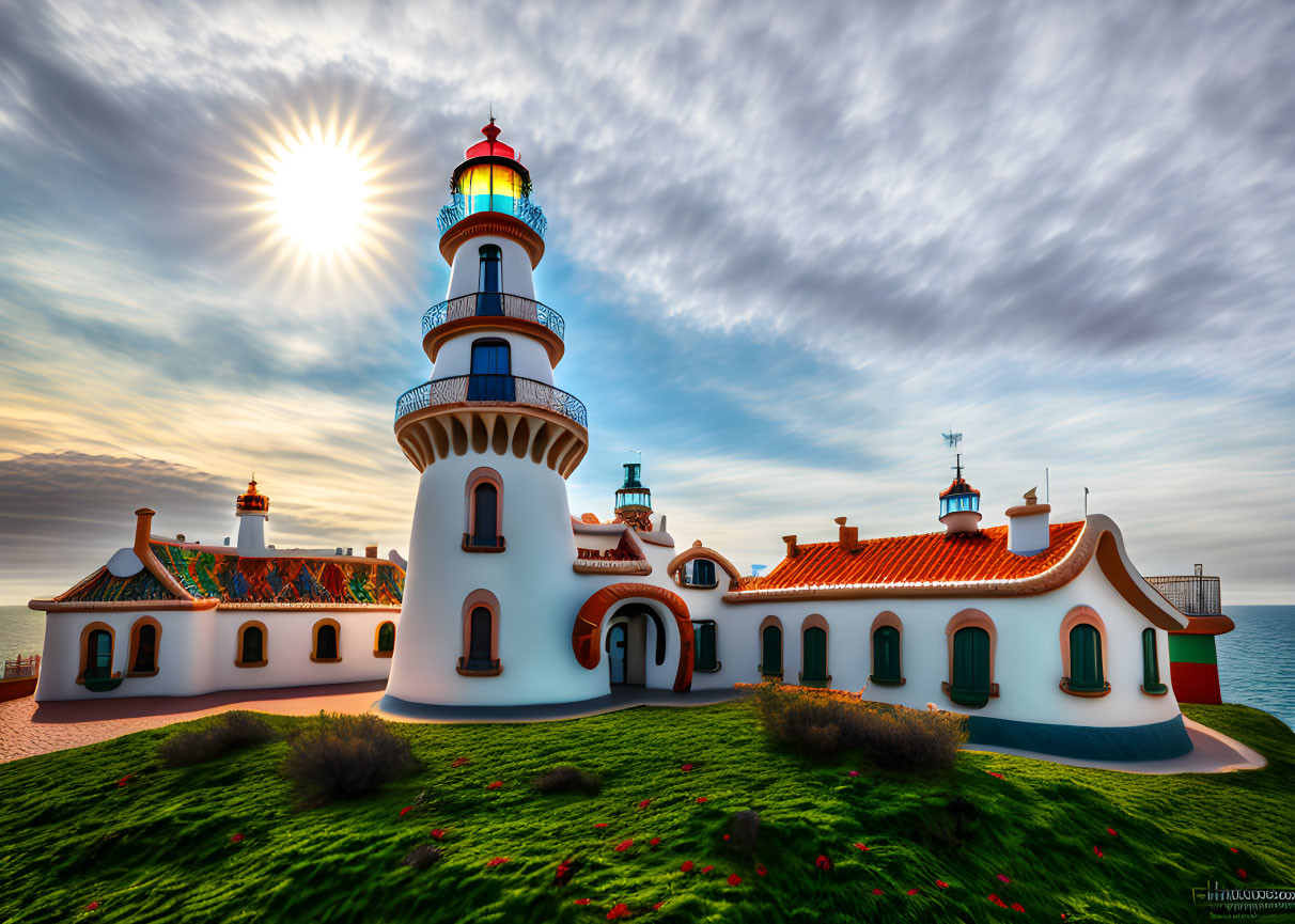 Vibrant red-roofed lighthouse against dramatic sky and calm sea