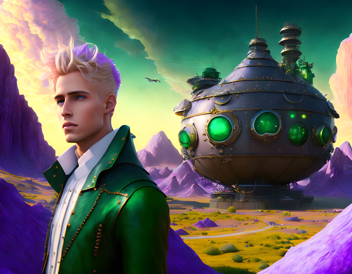 Blond man in stylish attire at futuristic spherical building in vibrant alien landscape