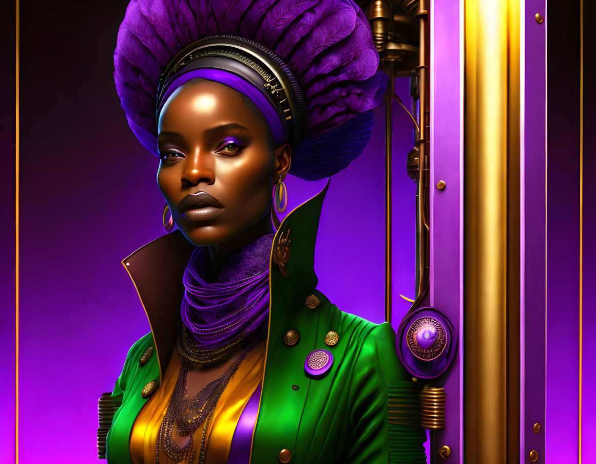 Vibrant digital artwork of a woman in purple turban and green jacket