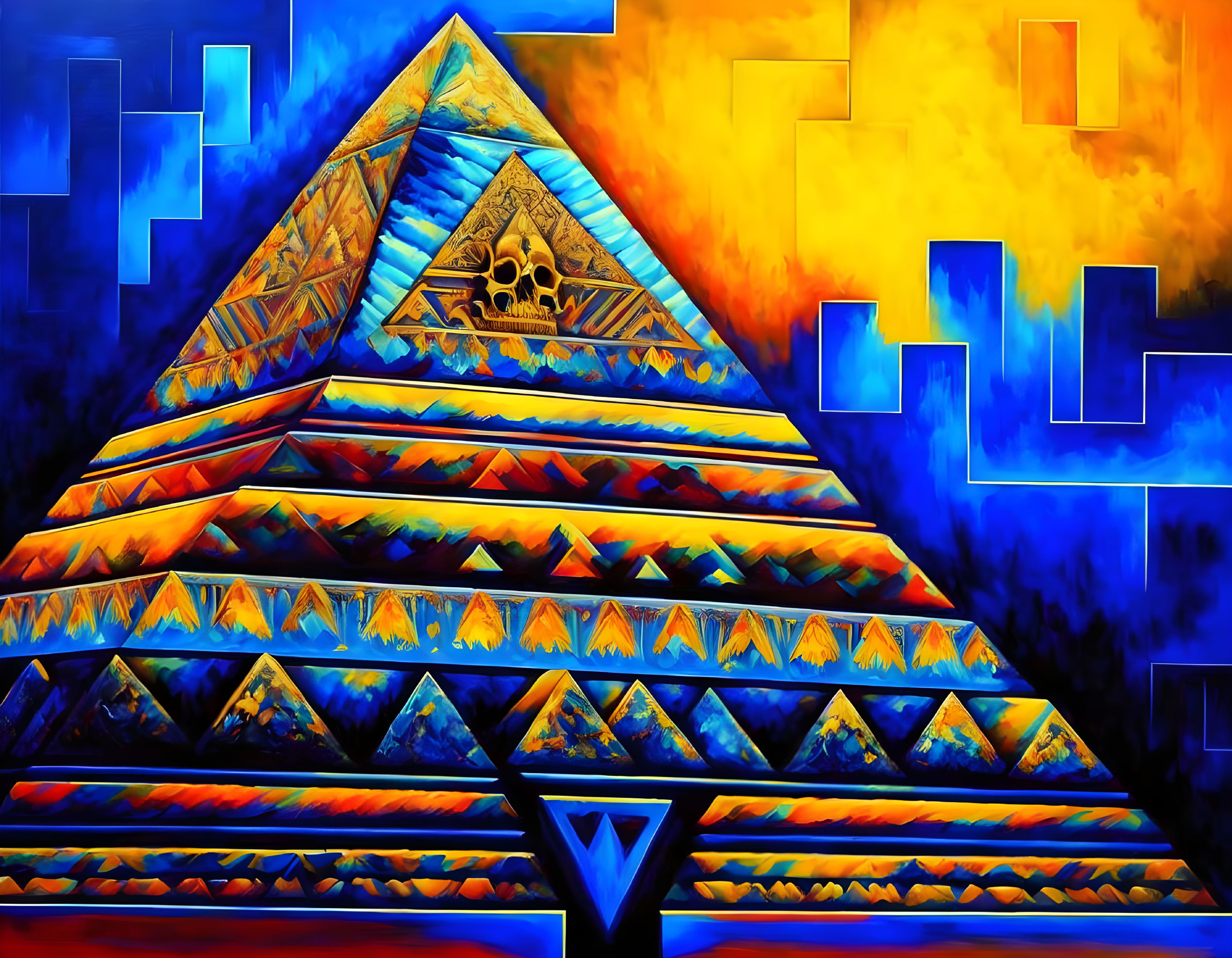 Colorful geometric pattern pyramid with skull motif and fiery background