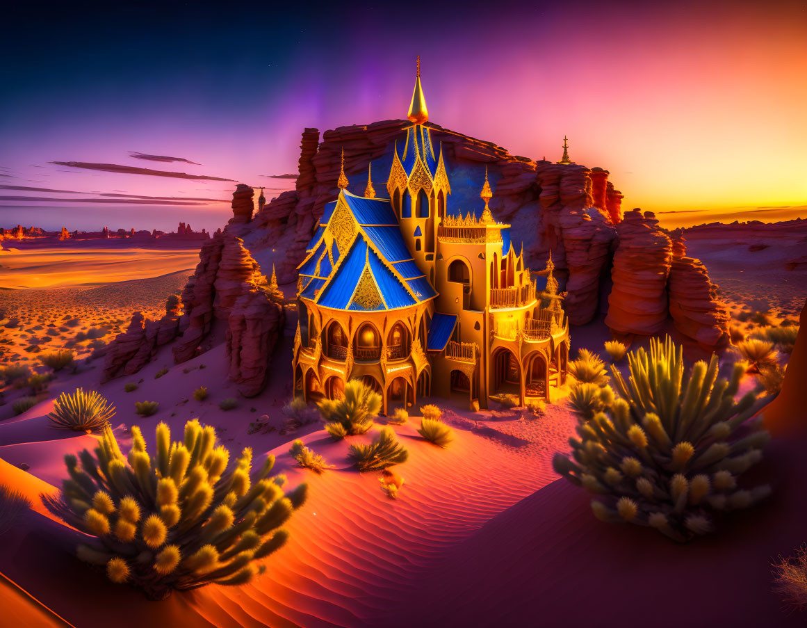 Ornate castle with blue and gold spires in desert twilight