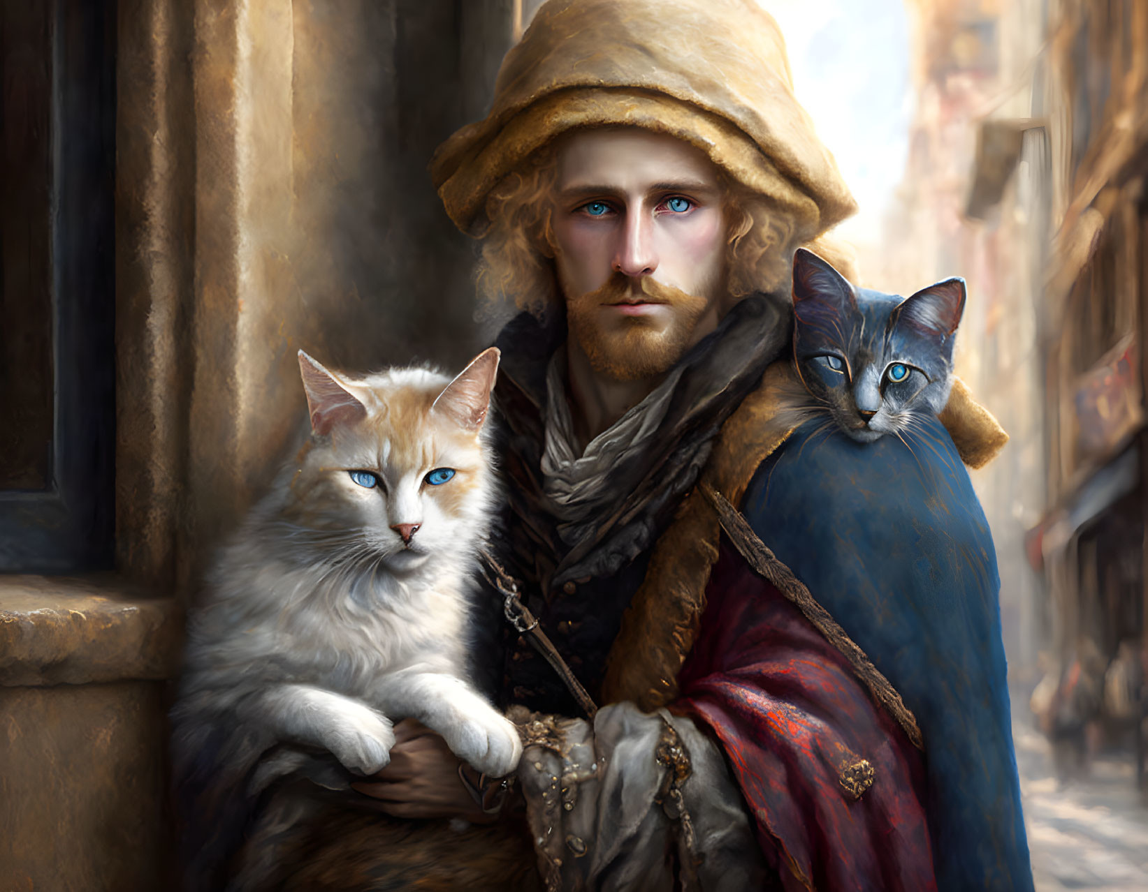 Historical man with white and ginger cat in old street scene