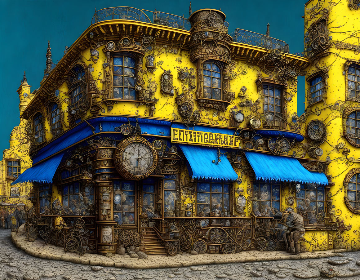Whimsical clock and gear adorned building with vibrant yellow facade and "Elephant Carafe" sign