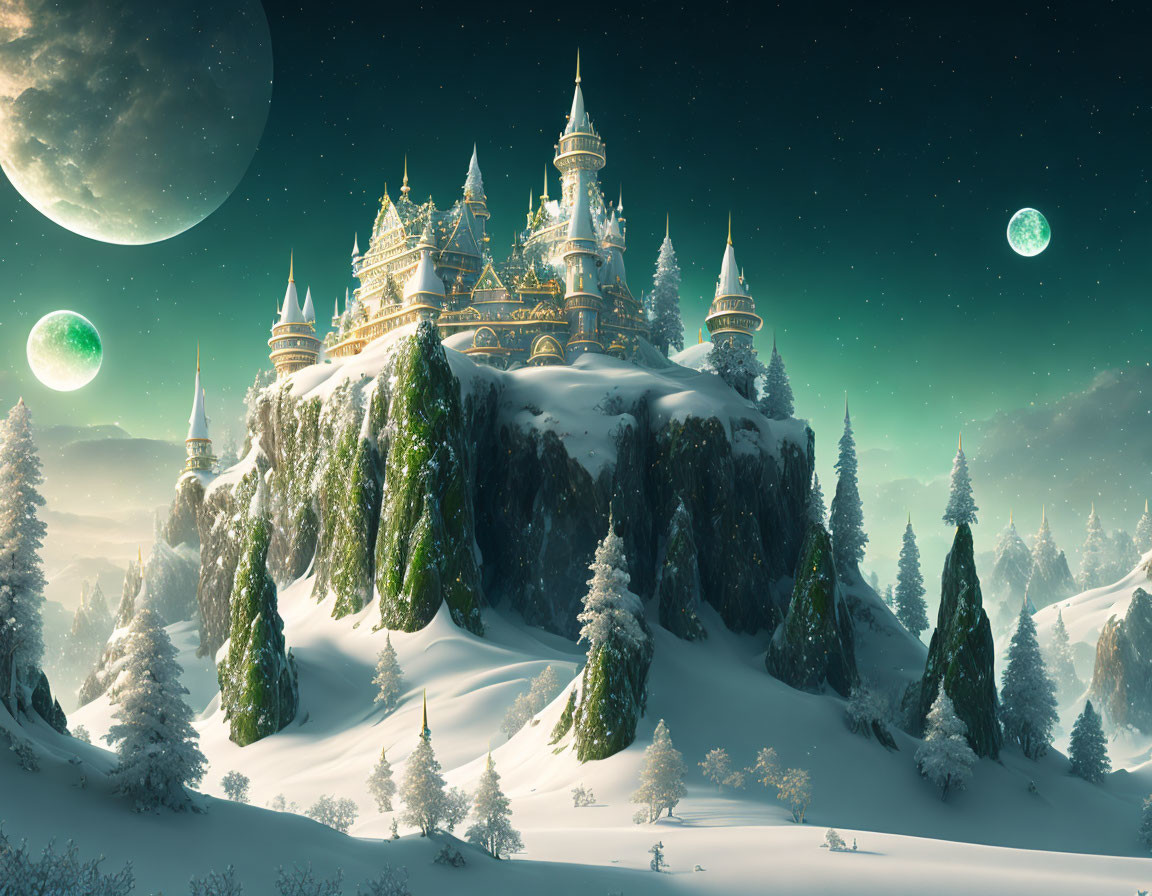 Fantasy castle on snowy cliff with pine trees under starry sky