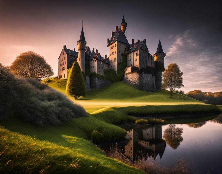 Majestic castle with spires reflected in tranquil pond at sunset